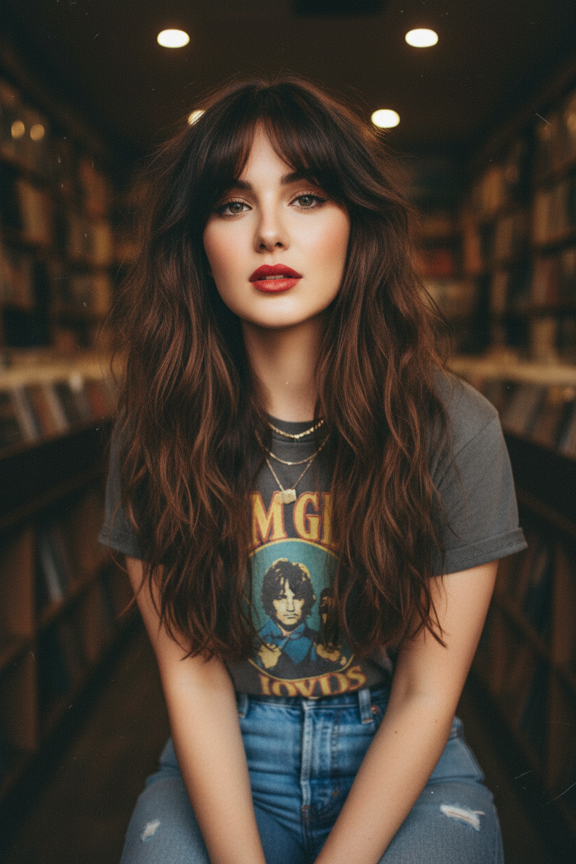 A stylish woman in a vintage band t-shirt and distressed denim, with textured, waist-length chestnut brown hair styled into a long shag. Her hair is complemented by soft, tapered "bottleneck bangs" that frame her eyes, captured with a slightly grainy filter in a cozy, dimly lit record store.