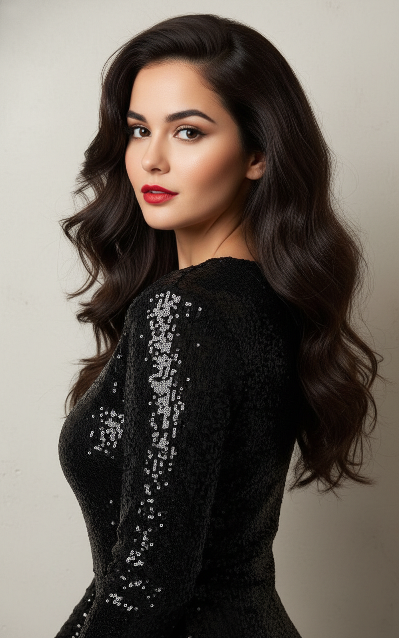 A woman wears a dazzling black sequined top, her thick, jet-black hair dramatically parted to the side. Her voluminous and bouncy hair creates a stunning red carpet look. The photo is taken from a side-back angle against a minimalist background.
