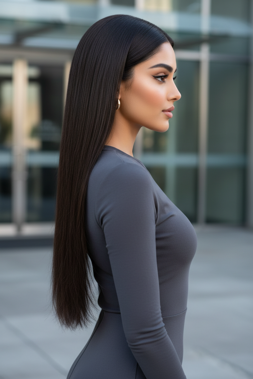 A sophisticated woman in a form-fitting charcoal dress, showcasing a sleek, long A-line haircut where the hair is slightly shorter at the back and gradually lengthens towards the front. Her straight, glossy dark brown hair frames her face with an elegant angle, from a profile shot against a modern architectural background.
