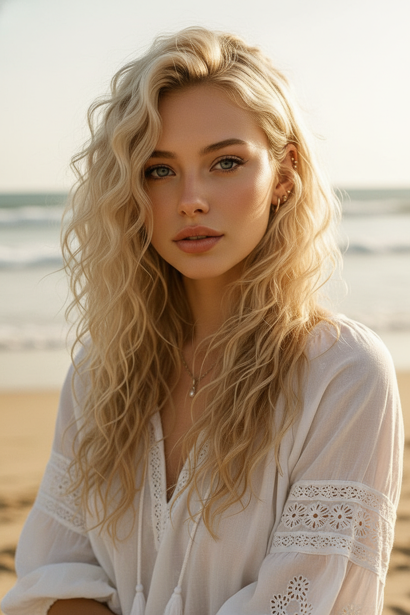 A serene woman in a loose, embroidered white bohemian top, with incredibly long, sun-kissed blonde hair styled with soft, natural-looking bohemian layers. Her hair has a relaxed, flowy texture, set against a sun-drenched beach with a gentle breeze, from a relaxed, wide-angle shot.