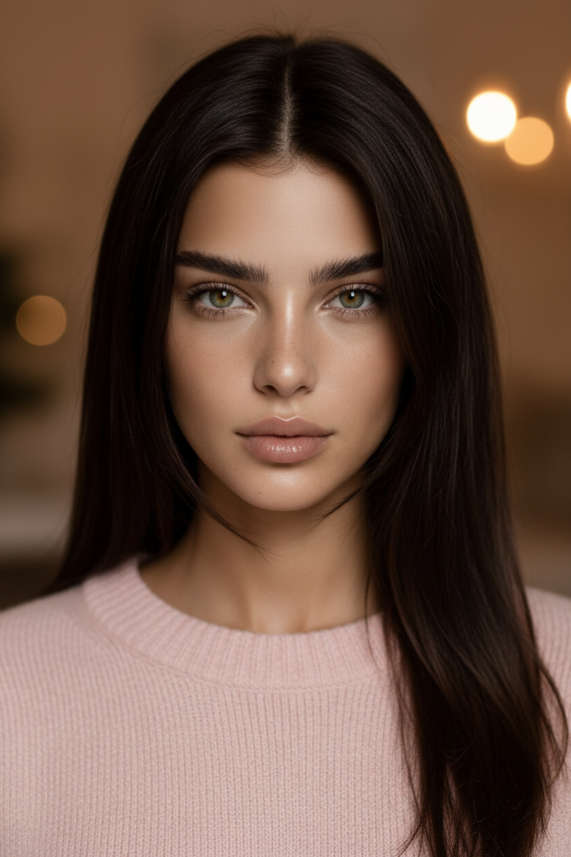 A charming woman in a soft blush pink sweater, with very long, glossy light brown hair. The key feature is the beautifully cut, delicate face-framing pieces that gently sweep along her jawline and cheekbones, highlighting her features, in a warm, indoor setting with a soft-focus background, at eye level.