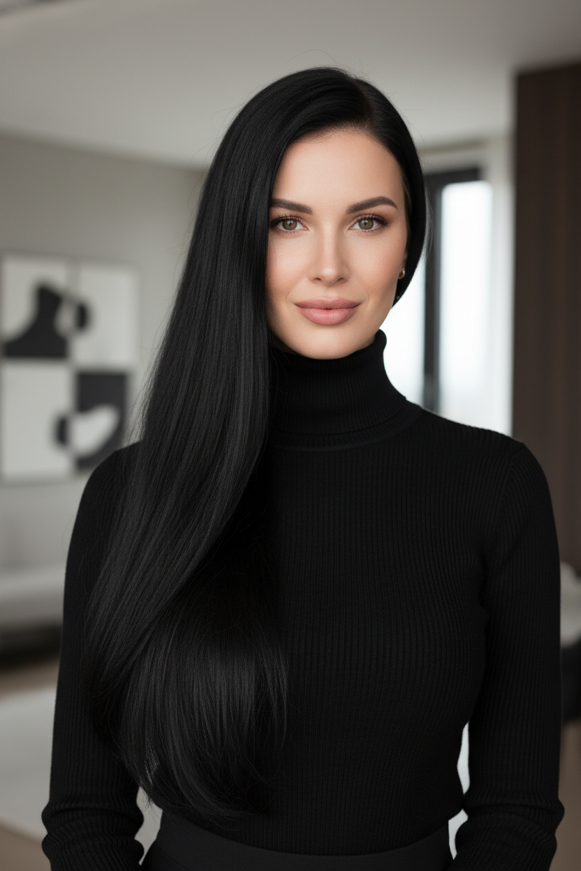 The white model wears a stylish black turtleneck sweater, with her long, glossy black hair cascading down like a waterfall, against a blurred background of a minimalist luxury apartment interior.