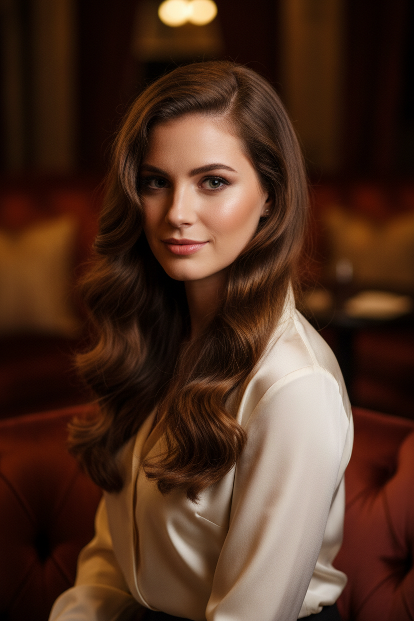 Model in a cream silk blouse, with voluminous, rich chestnut-brown hair styled in large, soft, old-Hollywood waves, flowing over one shoulder, shot from a waist-up, direct-facing perspective in a dimly lit, plush velvet-clad lounge.