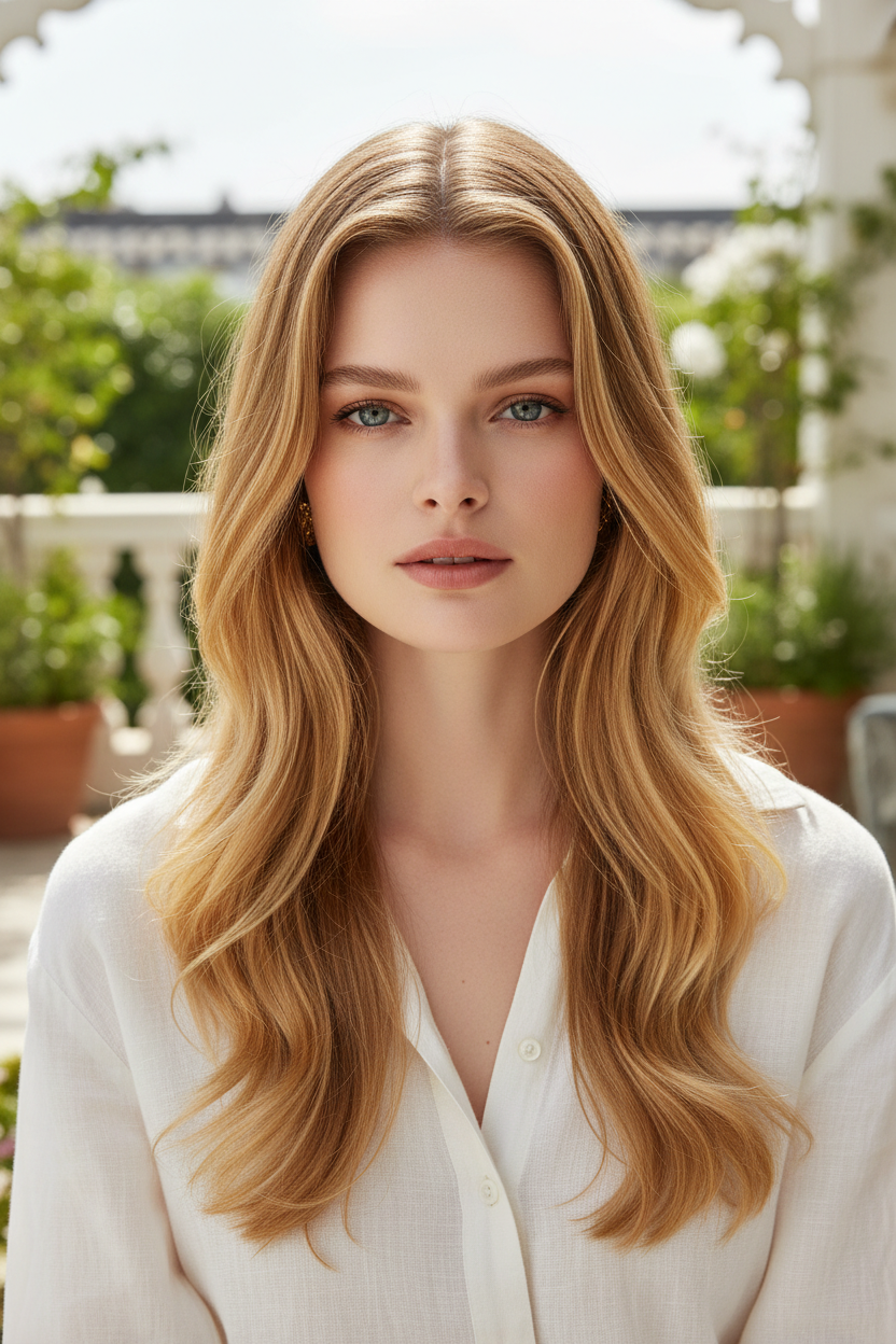 Model in a pastel linen shirt, with long, sun-kissed blonde hair featuring subtle, face-framing "whisper" layers, softly curled at the ends, shot from a close-up, chest-up perspective against a bright, airy patio with lush greenery.