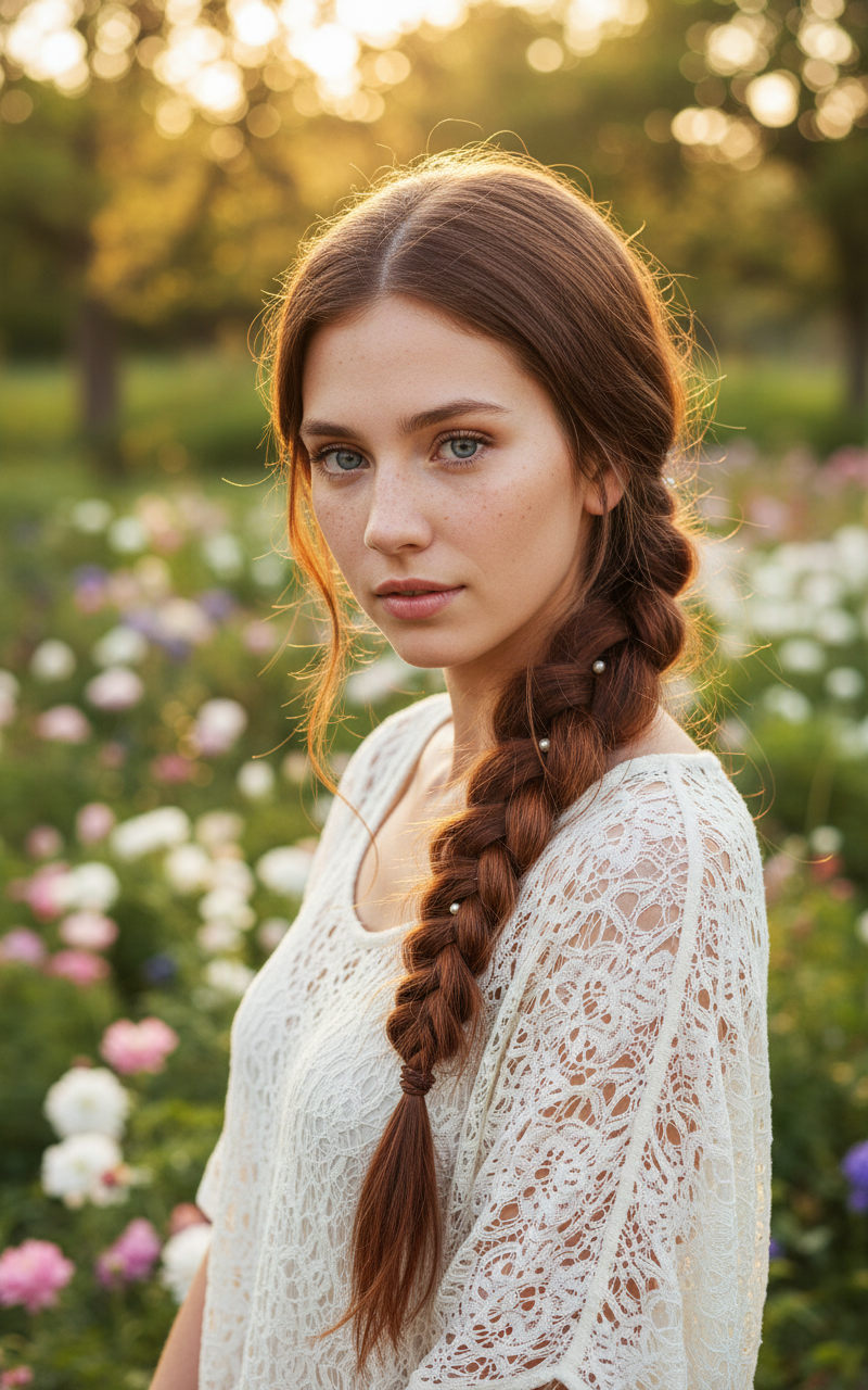 Model in a bohemian lace top, with long, auburn hair styled into a loose, deconstructed fishtail braid adorned with tiny pearl pins, resting on her shoulder, shot from a slightly overhead, shoulder-level perspective in a sun-drenched, rustic garden.