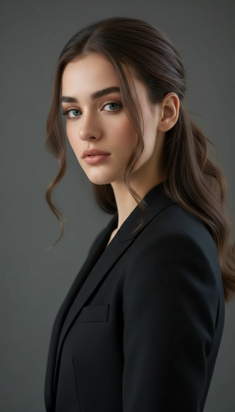 Model wearing a tailored blazer, with long, deep brunette hair swept back, leaving two perfectly sculpted, defined tendrils framing her face, shot from a professional headshot, eye-level perspective against a sleek, charcoal grey studio background.