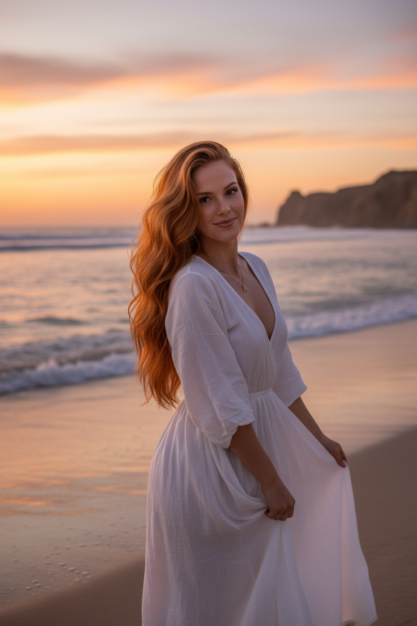 Model in a flowing white linen dress, with very long, vibrant red hair styled in abundant, natural-looking "mermaid" waves with significant volume, flowing down her back and over her shoulders, shot from a wide, full-body perspective on a pristine, secluded beach at sunset.