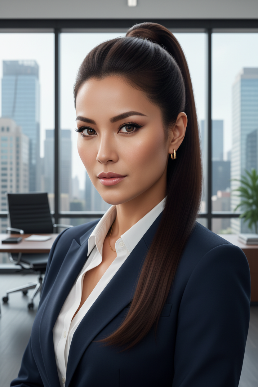 Model in a sharp business suit, with long, dark brown hair pulled back into a high, sleek, perfectly smooth ponytail, with a section of hair wrapped around the base, shot from a powerful, chest-up, slightly low-angle perspective in a modern skyscraper office.
