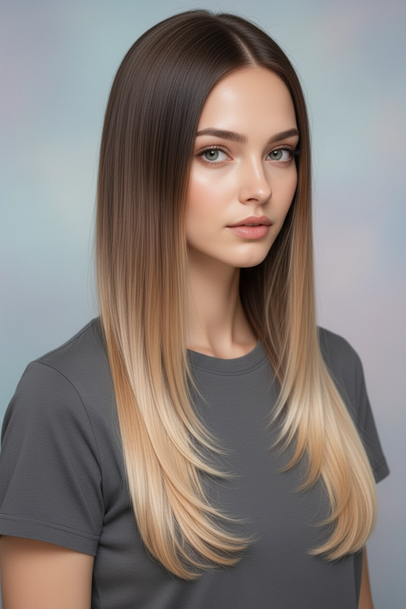 Model in a simple grey t-shirt, with very long, ombré hair transitioning from dark roots to lighter ends, with the last 6-8 inches having a subtle, almost diffused "aura" of lighter, brighter color, shot from a close-up, shoulder-level perspective against a soft, ethereal studio backdrop.