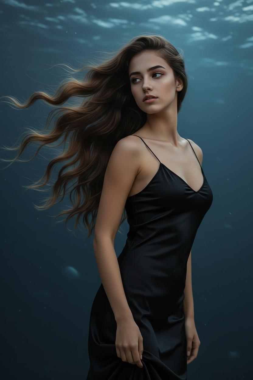 Die dunklen Wellen der Sirene Eine Frau mit langem, wallendem schwarzem Haar, die ein schwarzes Satin-Slip-Kleid trägt und dramatisch posiert, während ihr Haar hinter ihr weht, und intensiv nach links blickt. Ihr Haar ist zu tiefen, glamourösen, aber sichtbar luftgetrockneten S-Wellen gestylt, die eine dunkle Meerjungfrauen-Ästhetik hervorrufen. Der Hintergrund ist eine stimmungsvolle, dunkle Meereskulisse in der Dämmerung, aus einer dynamischen Froschperspektive aufgenommen.
