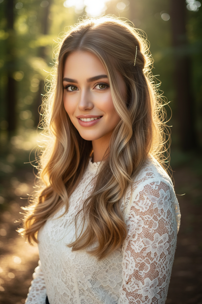 Halbhoch, luftgetrockneter Charme Eine Frau mit langem, welligem hellbraunem Haar, die ein zartes weißes Spitzenoberteil trägt, wobei das Sonnenlicht von hinten ihr Haar beleuchtet und sie sanft lächelt. Ihr Haar ist zu einem halbhoch, halbuntem Look gestylt, der mit einer einfachen, dünnen goldenen Spange befestigt ist und ihre natürliche luftgetrocknete Textur zur Geltung bringt. Der Hintergrund ist ein sonnenbeschienener Waldweg, aus einer leicht hohen Perspektive aufgenommen.