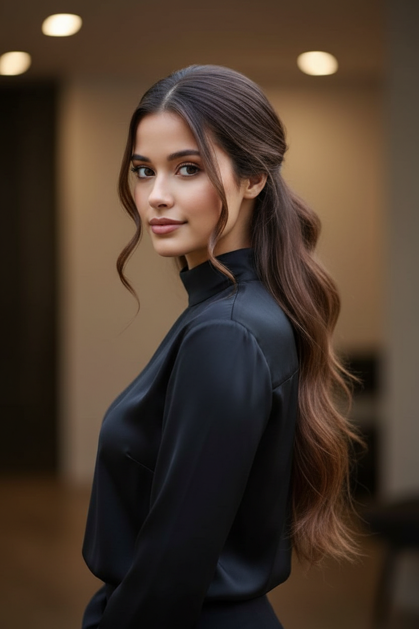 A woman with sleek, dark brown hair, wearing a high-collared black silk blouse, looking with a confident, direct gaze. Her hair is styled in a deep, clean side part, with the larger section swept over and creating a soft, voluminous wave that cascades past her shoulder. The background is a minimalist, warm-toned interior with soft ambient lighting, captured at eye-level.