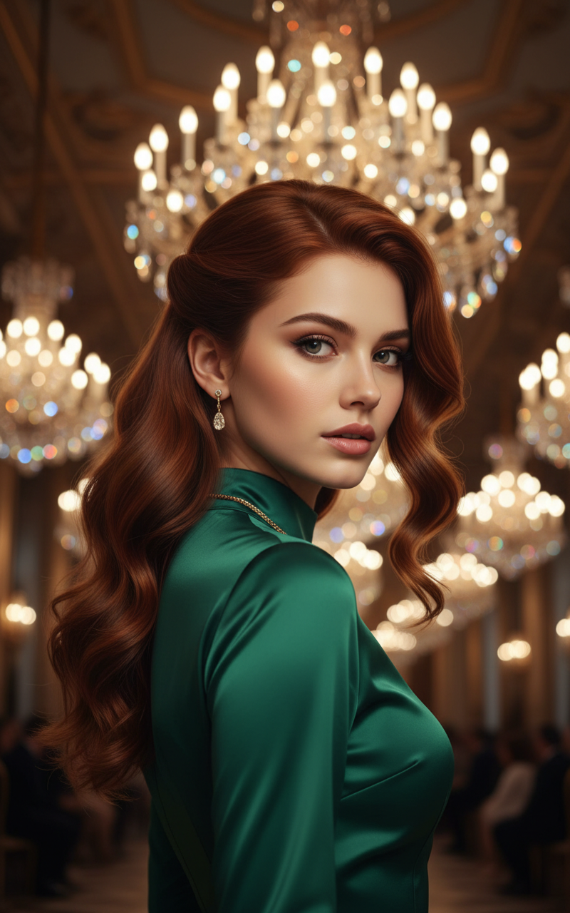 A woman with rich, wavy auburn hair, wearing an emerald green satin gown, looking dramatically over her shoulder with an intense gaze. Her hair is styled in a high-glamour side part with voluminous, sculpted barrel curls that fall over one shoulder. The background is a grand, opulent ballroom interior with glittering chandeliers, captured from a dynamic low angle.