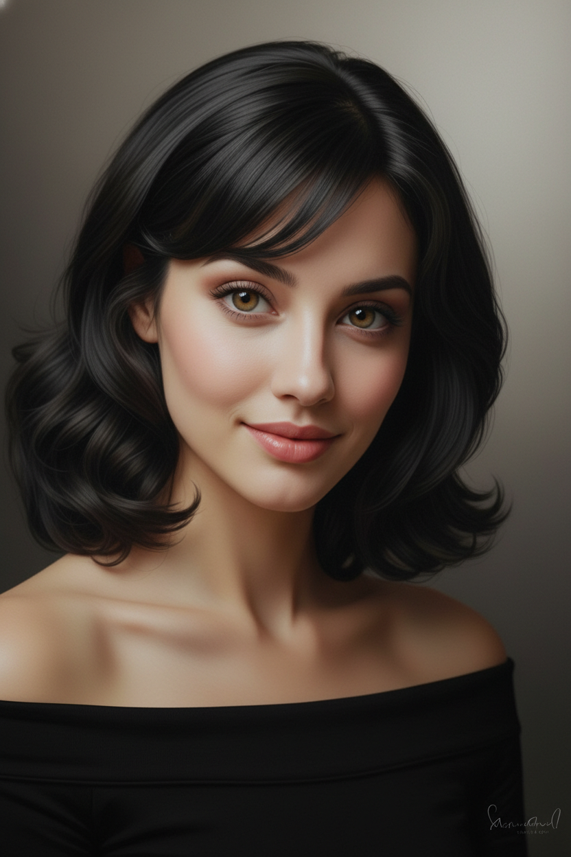 A woman with sleek, shiny black hair, wearing a black off-the-shoulder minimalist top, looking with a sophisticated, subtle smile. Her hair is styled in a sharp, almost architectural side part, with the larger section forming a smooth, subtle C-curl that frames her cheekbone, while the rest of the hair is sleek and straight. The background is a modern, monochromatic studio setting with dramatic shadows, captured at eye-level.