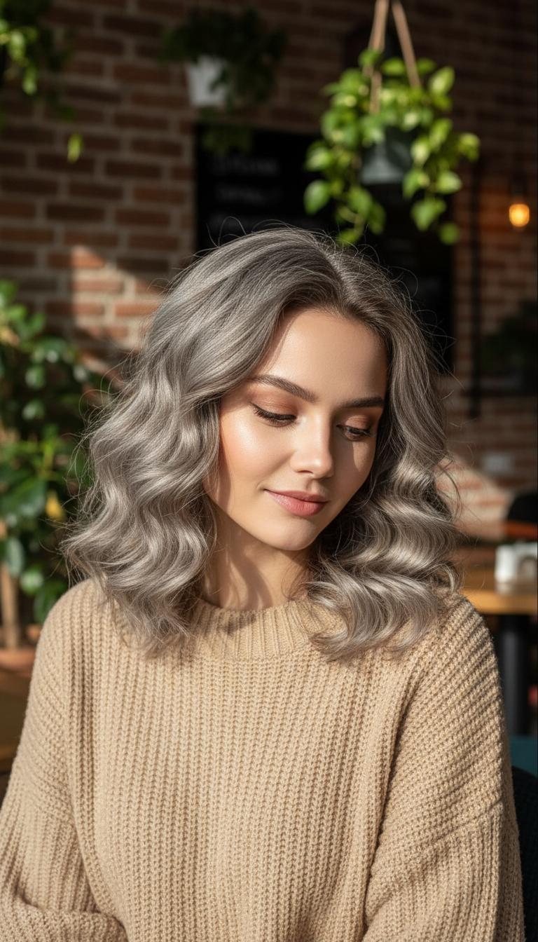 A woman with medium-length, textured ash-blonde hair, wearing a chunky cream knit sweater, looking softly downwards with a relaxed expression. Her hair is styled in a loose, side-swept part, with natural, airy waves and textured ends, appearing effortlessly beautiful. The background is a cozy, sunlit cafe interior with exposed brick and plants, captured from a slightly high angle.