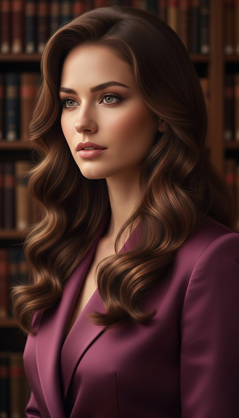 A woman with long, rich brunette hair, wearing a plum-colored silk blazer, looking intensely into the distance with a sophisticated expression. Her hair is styled in a deep side part with sleek, polished S-waves that cascade down both shoulders, embodying classic elegance. The background is an opulent, historic library interior with leather-bound books and warm lighting, captured from a mid-height perspective.