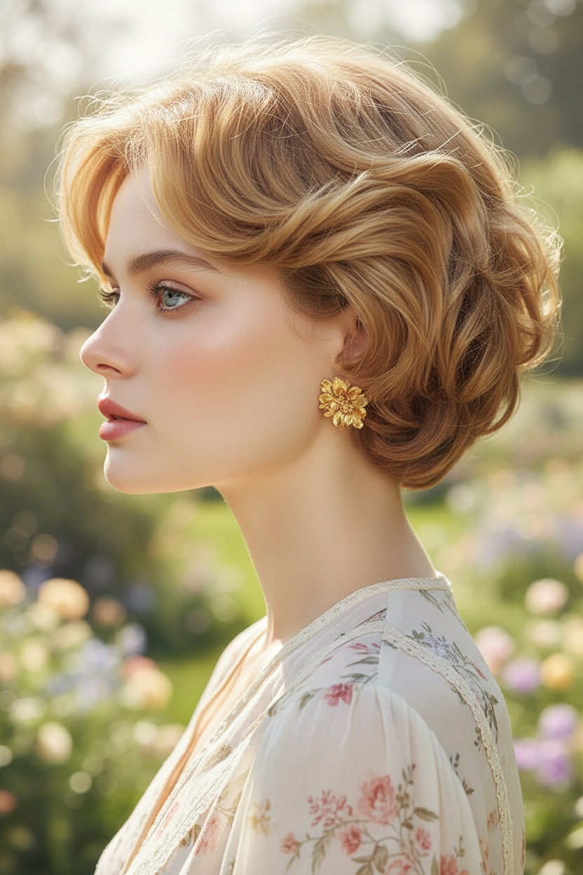 Woman with honey blonde Baroque Bob, light spring top, soft focus garden background, eye-level shot.
