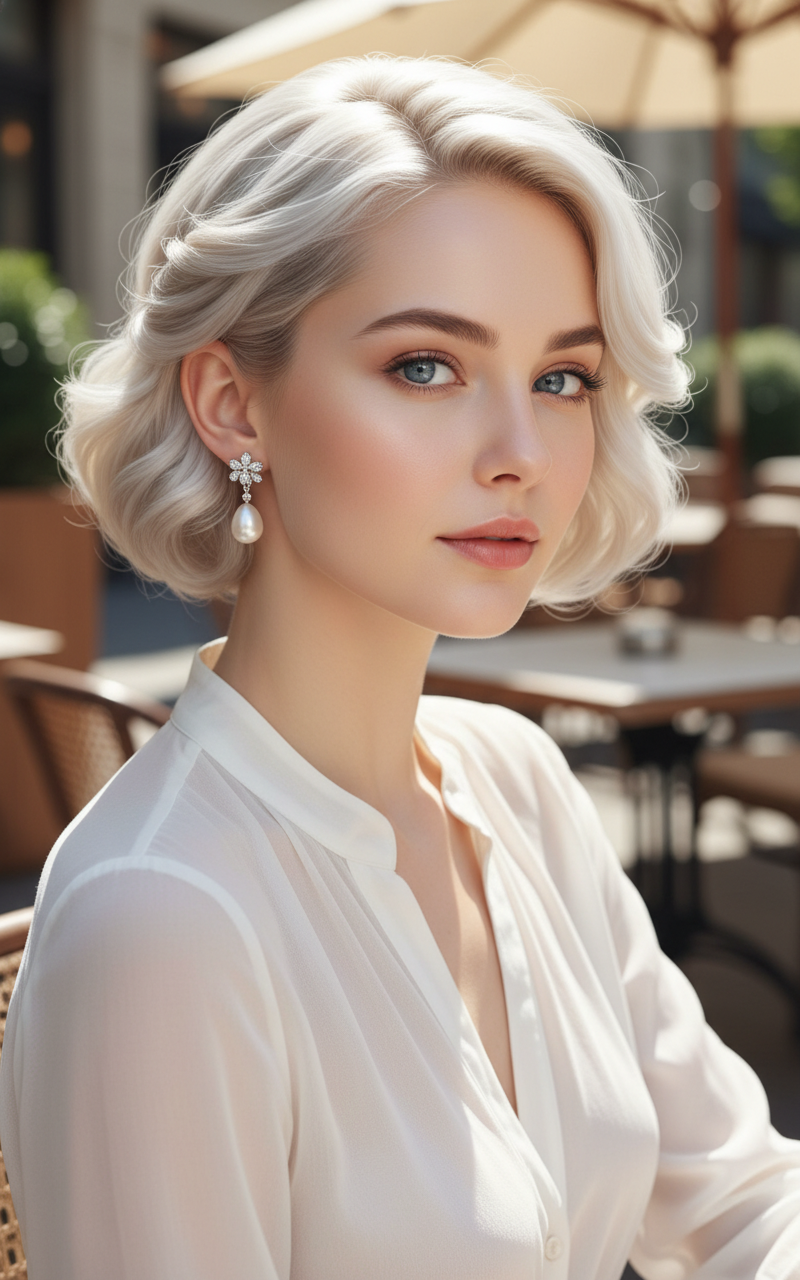 Woman with platinum blonde Baroque Bob, sheer white blouse, bright sunlit cafe patio, close-up.