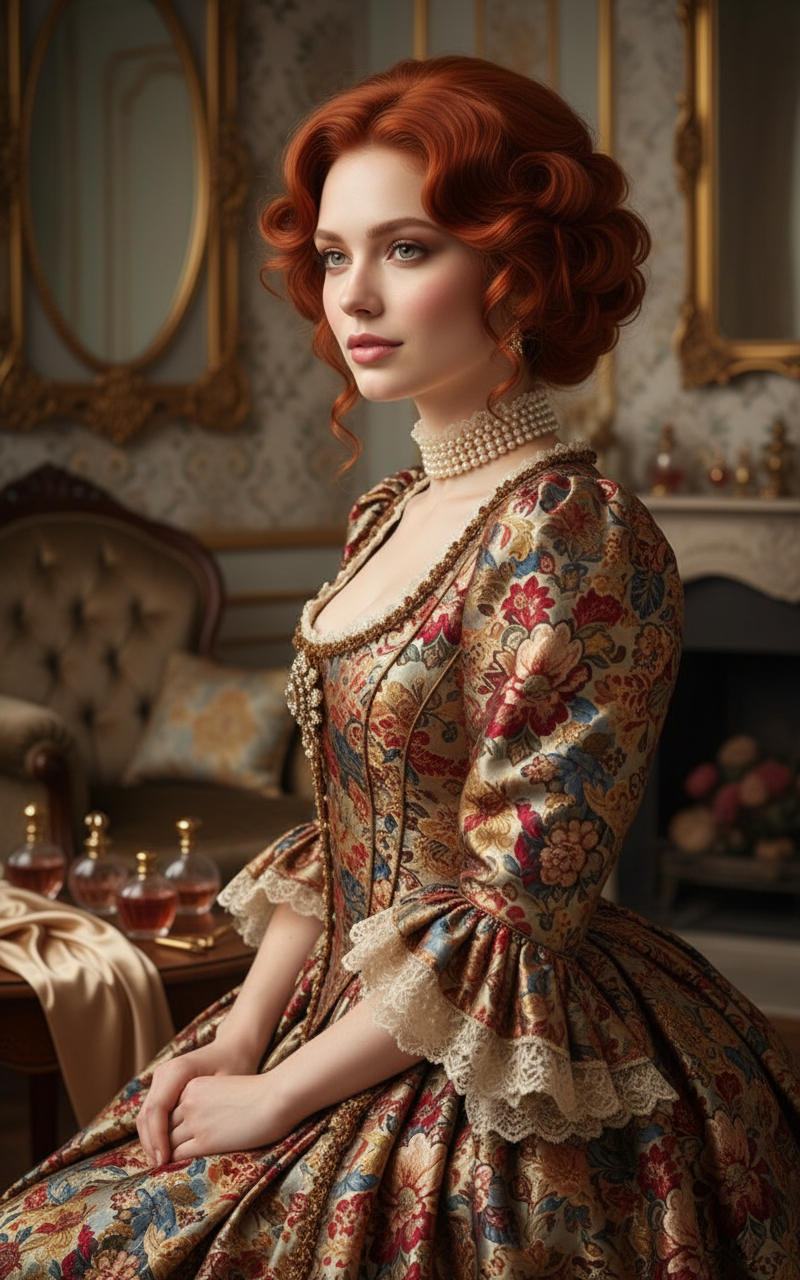 Woman with fiery red Baroque Bob, delicate floral print dress, vintage-inspired boudoir, soft side profile.