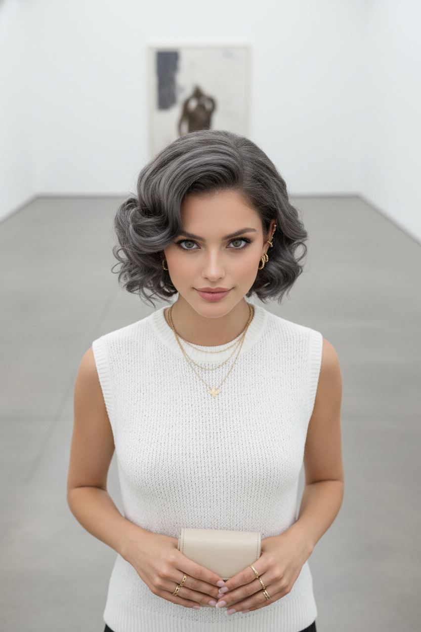 Woman with ash brown Baroque Bob, knitted sleeveless top, minimalist art gallery, artistic overhead shot.