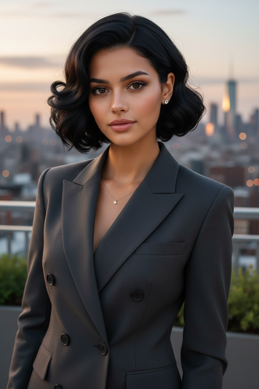 Woman with glossy black Baroque Bob, structured blazer, urban city balcony, low angle with cityscape.