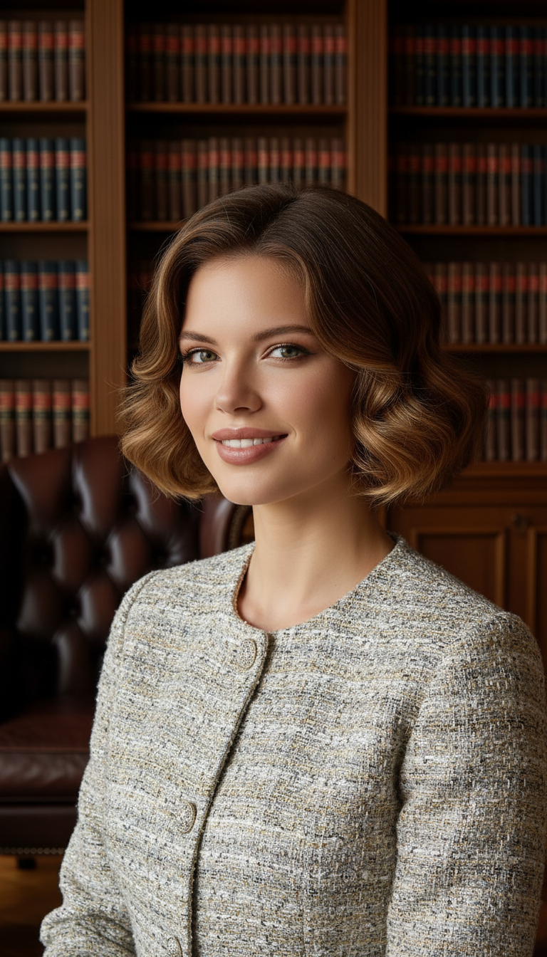 Woman with a multi-tonal brown Baroque Bob, lightweight tweed jacket, library with leather armchairs, candid shot.