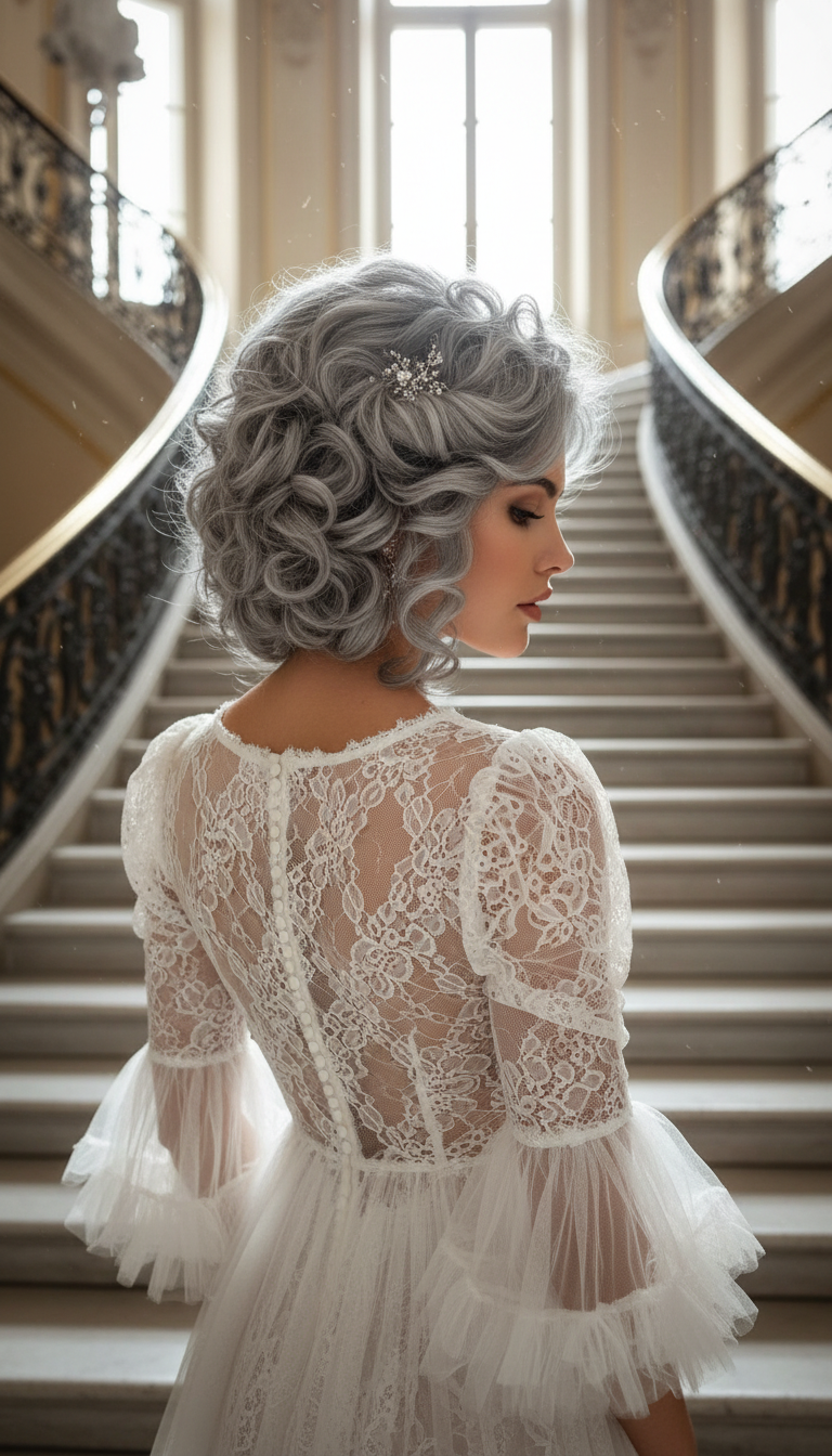 Woman with silver-grey Baroque Bob, elegant sheer top, grand staircase, back view showcasing volume.