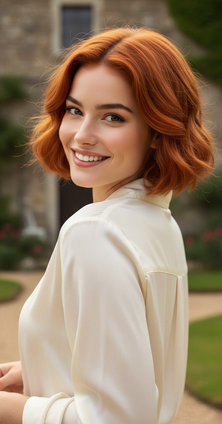Woman with vibrant copper Baroque Bob, loose-fitting silk shirt, rustic countryside estate, playful over-the-shoulder glance.