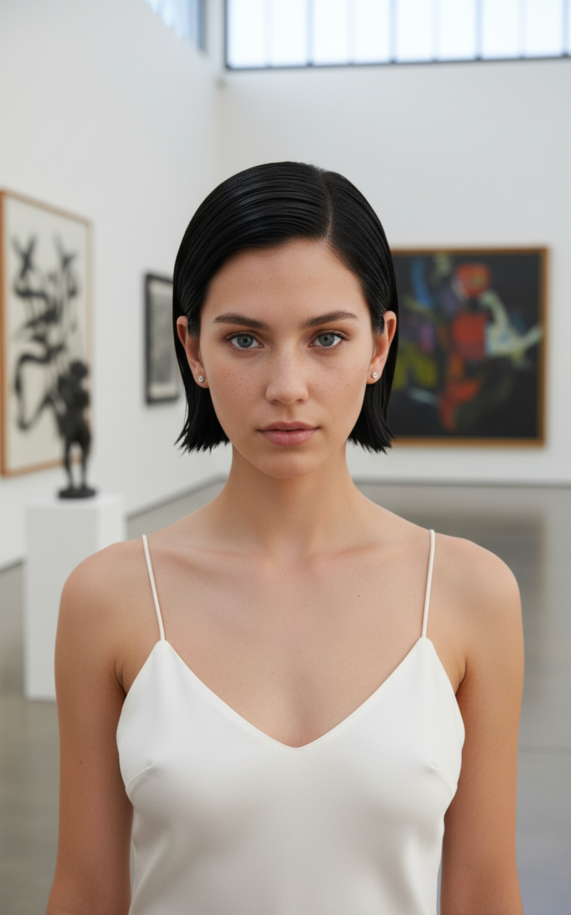 Frontale Nahaufnahme einer Frau in einem leichten weißen Seiden-Slipdress, mit einem pechschwarzen, "glass-slick" Pixie, das hinter die Ohren gesteckt ist, vor einer minimalistischen modernen Kunstgalerie.