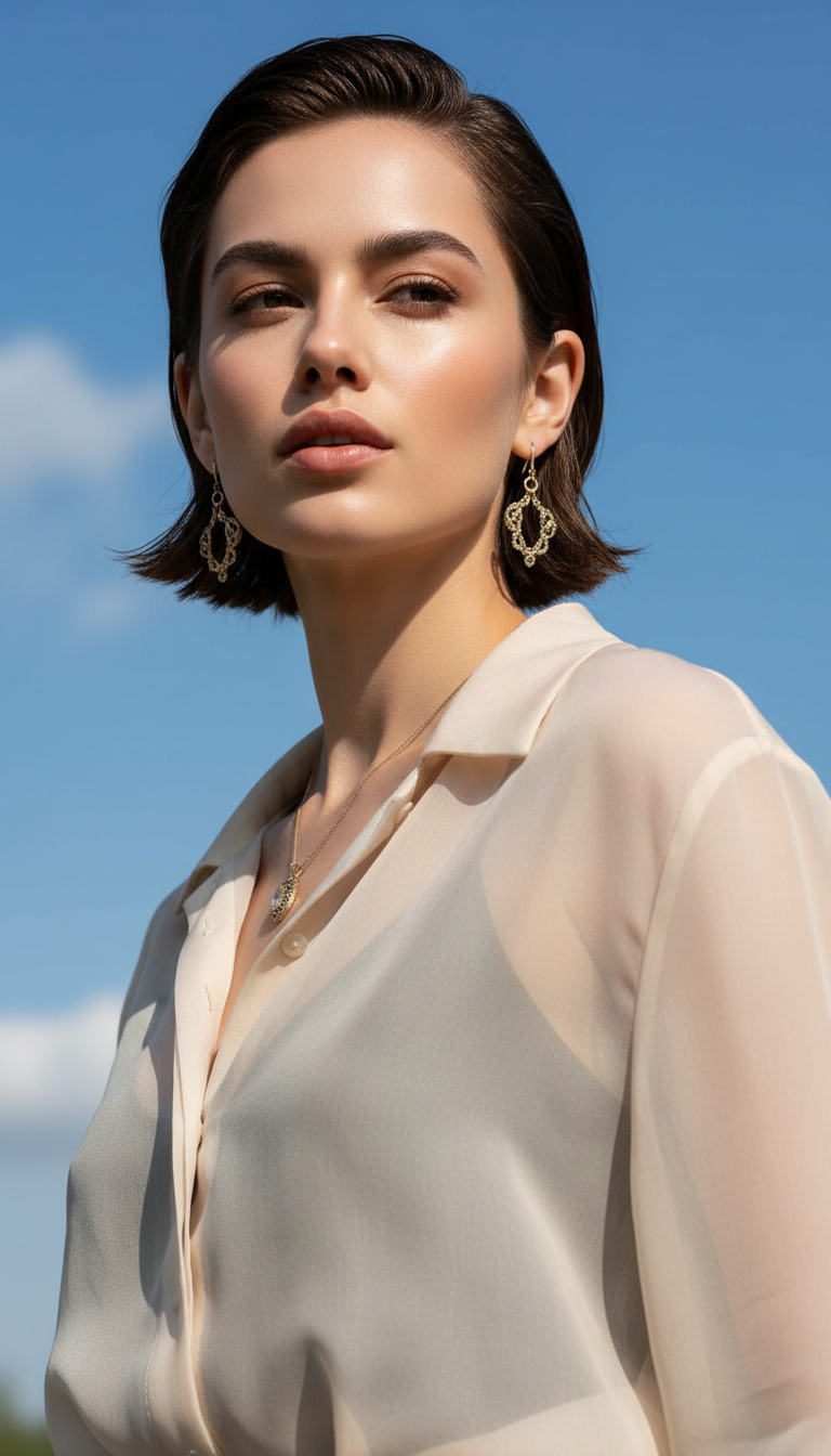 Dynamische Aufnahme aus niedrigem Winkel einer Frau in einer transparenten, beige organza-Bluse, die einen tiefen Espresso-"Glass-Slick" Pixie mit einem dramatischen Seitenscheitel zeigt, vor einem strahlend blauen Frühlingshimmel.