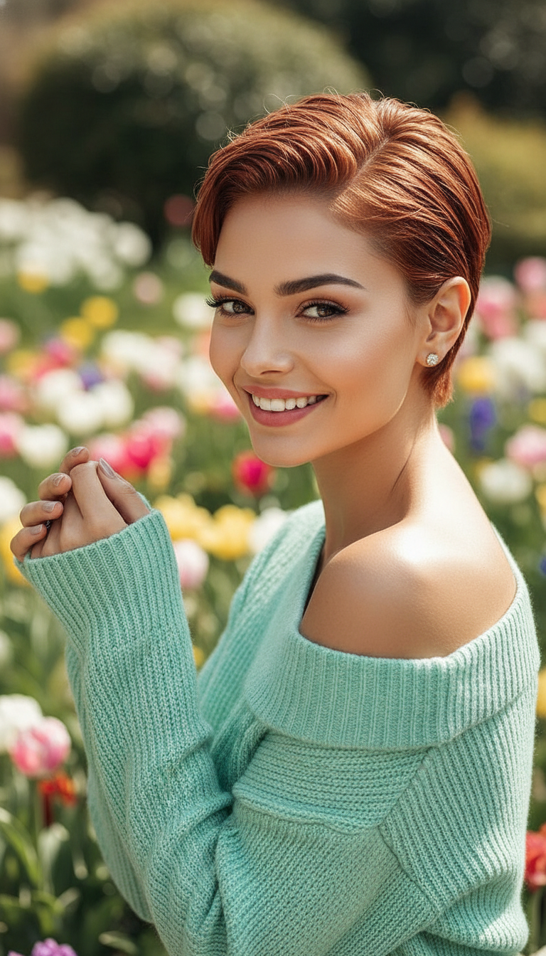 Über-die-Schulter-Perspektive einer Frau in einem mintgrünen Off-Shoulder-Strickoberteil, ihr lebendiges Kupfer-"Glass-Slick" Pixie reflektiert die Sonne, eingerahmt von einem blühenden Frühlingsgarten.