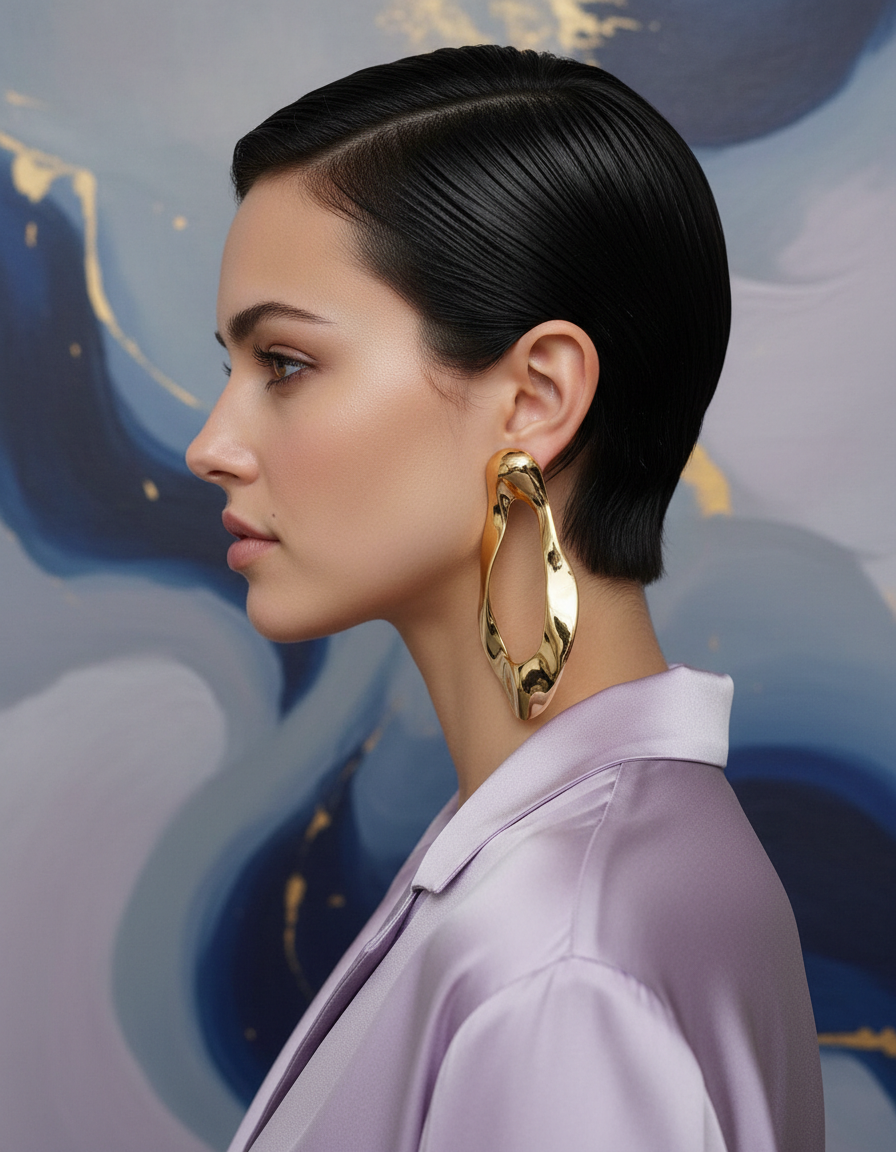Extreme Nahaufnahme im Seitenprofil eines Models mit auffälligen goldenen Ohrringen und einem lavendelfarbenen Satin-Oberteil, ihr rabenschwarzes "Glass-Slick" Pixie umrahmt perfekt ihren Schädel, vor einem abstrakten Leinwandhintergrund.