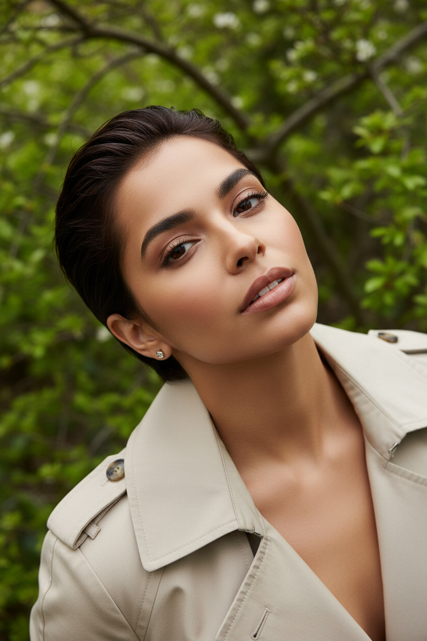 Aufnahme von oben einer Frau, die nach oben schaut, in einem hellbeigen Frühlings-Trenchcoat, ihr reichhaltiges schokoladenbraunes "Glass-Slick" Pixie fängt das Licht ein, vor einer üppig grünen Frühlingsvegetation.
