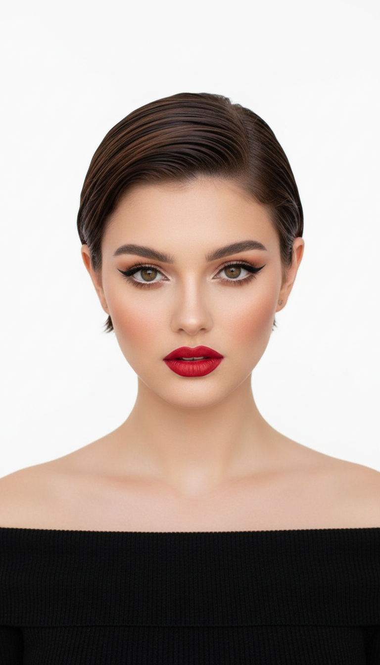 Direkte Frontalaufnahme eines Models in einem schwarzen Off-Shoulder-Frühlings-Strickoberteil, ihr multidimensionales, dunkelbraunes "Glass-Slick" Pixie umrahmt ihr makelloses Gesicht, vor einem strahlend weißen Studiohintergrund.