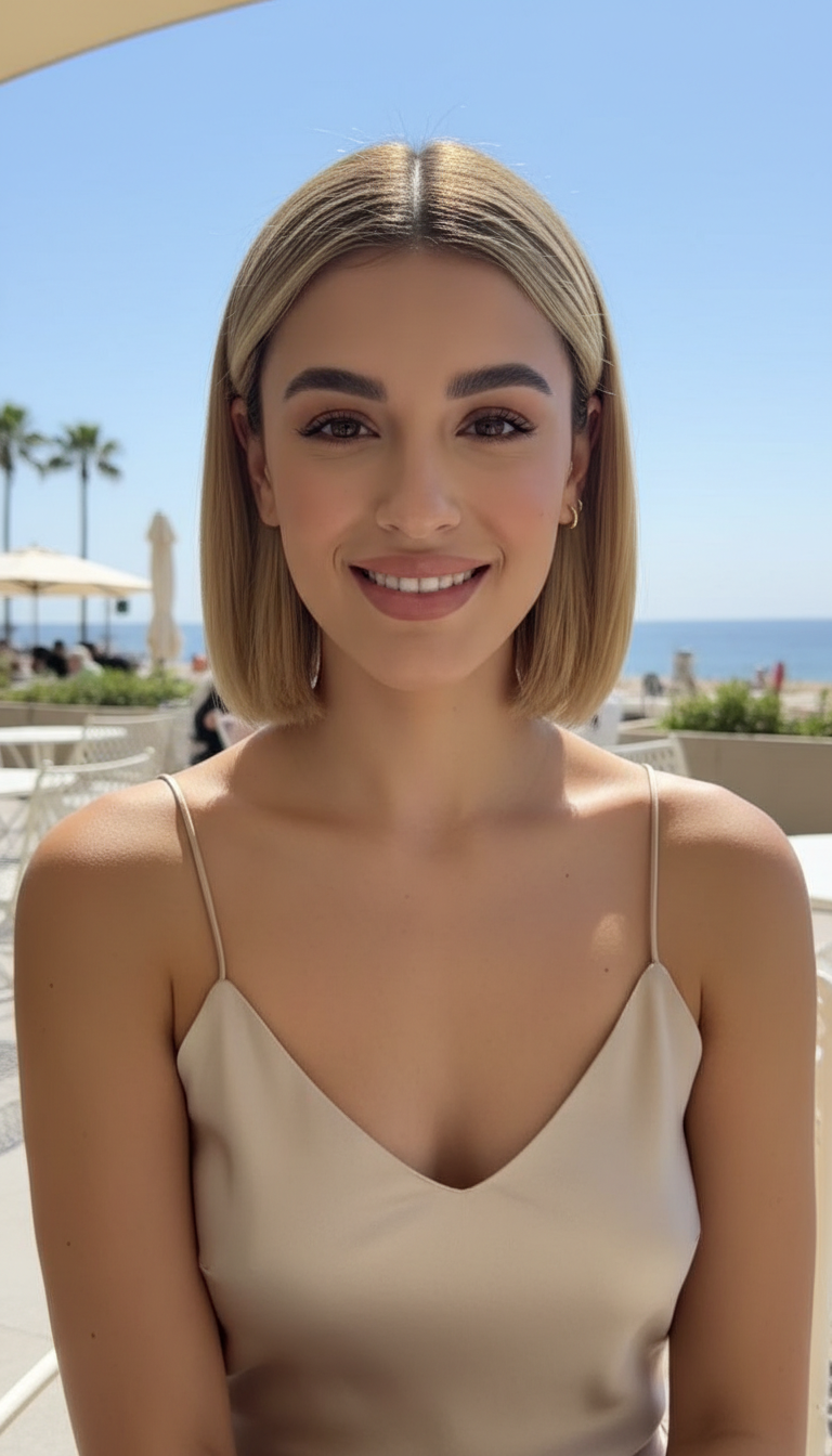Symmetrisches Frontporträt einer lächelnden Frau in einem zarten Spitzen-Camisole, ihr honigblondes "Glass-Slick" Pixie mittig gescheitelt, in einem sonnenverwöhnten Küsten-Café.