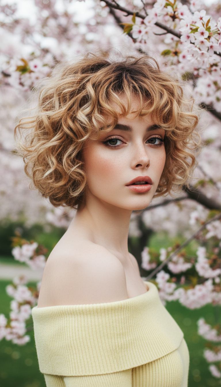 📸 Style 2: The Honey-Blonde Angel Over-the-shoulder shot of a female model wearing a pastel yellow off-the-shoulder knit, styling a multidimensional honey-blonde curly halo pixie, framed by blooming spring cherry blossoms.