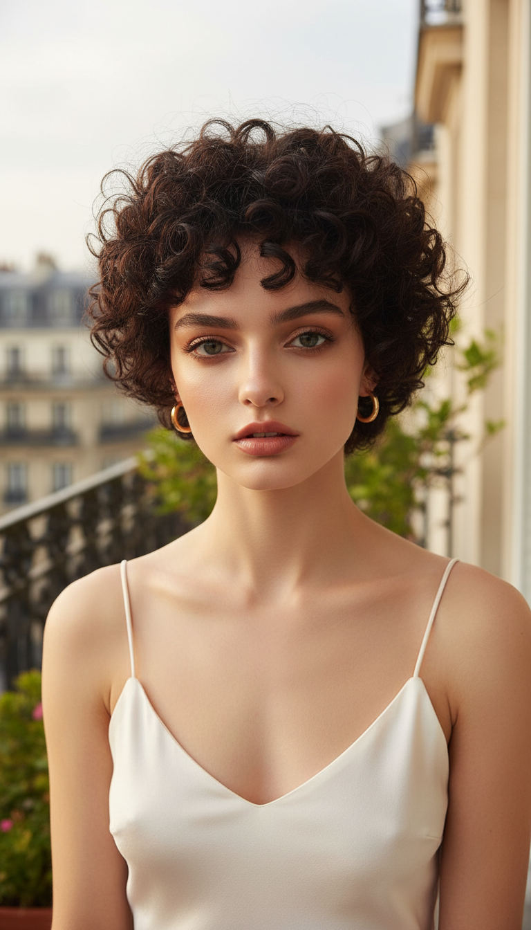 📸 Style 1: The Parisian Espresso Front close-up perspective of a woman in a light white silk camisole, featuring a deep espresso curly halo pixie with bouncy ringlets, set against a sunlit Parisian balcony.