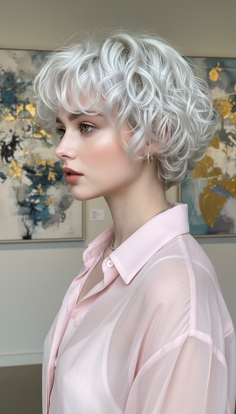 📸 Style 4: The Icy Platinum Sculpture Side profile shot of a woman in a sheer pale pink organza blouse, showcasing an icy platinum curly halo pixie with tight, defined curls, against a modern art gallery wall.