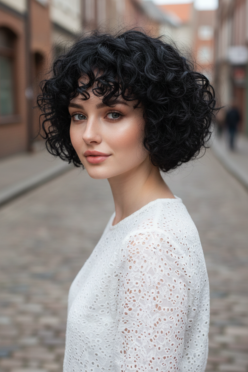 📸 Style 5: The Raven Botanical Candid mid-walk camera angle of a woman in a white eyelet lace top, her glossy jet-black curly halo pixie looking naturally lush, on a historic cobblestone street.