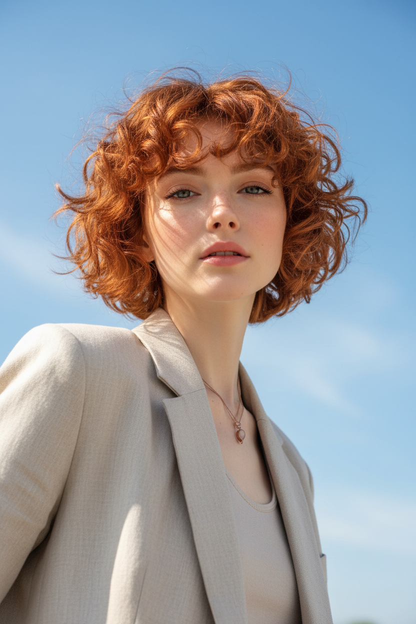 📸 Style 3: The Vibrant Copper Cloud Low-angle dynamic shot of a woman in a light beige linen blazer, her vibrant copper curly halo pixie blowing slightly in the wind, against a clear blue spring sky.