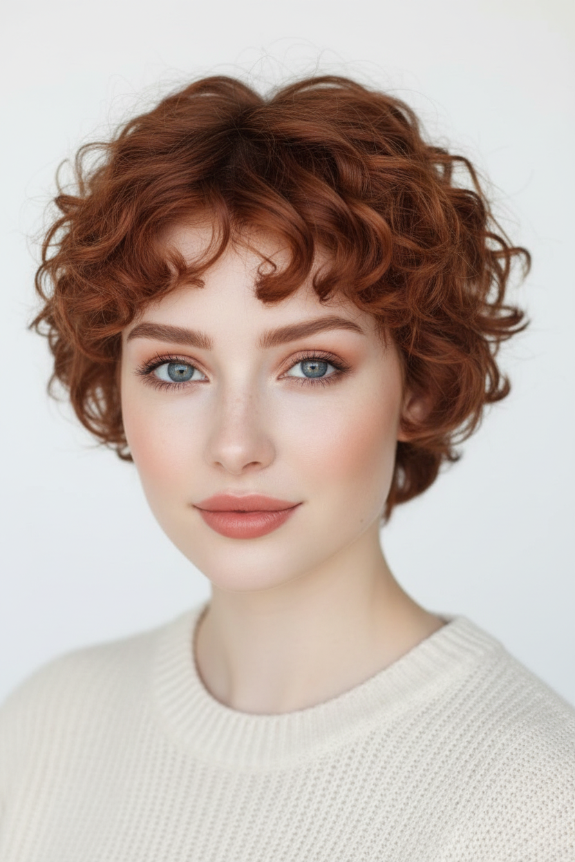 📸 Style 10: The Ultimate Curly Muse Direct eye-contact front portrait of a model in a light cream spring knit, her warm chestnut curly halo pixie effortlessly framing her eyes, against a stark white studio backdrop.