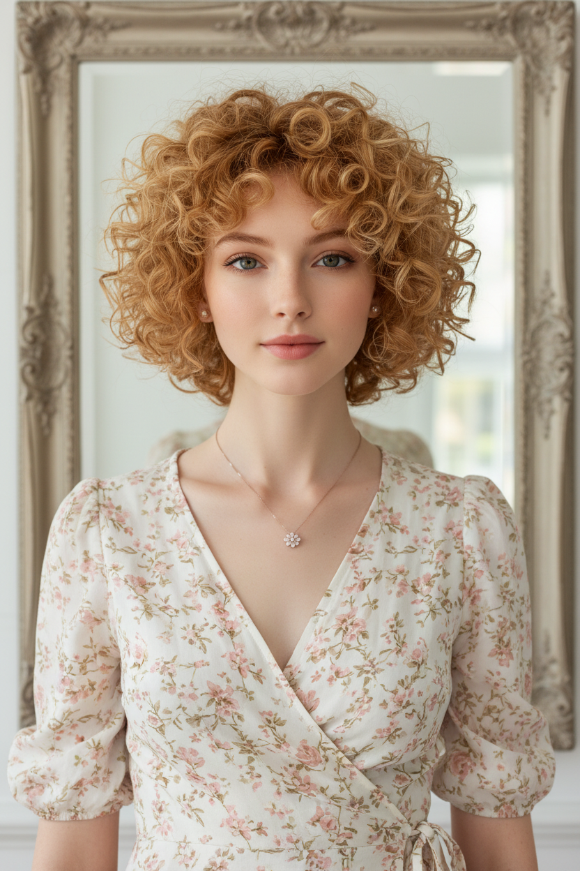 📸 Style 9: The Golden Hour Bounce Symmetrical front view of a woman in a floral spring wrap dress, showcasing a voluminous golden-blonde curly halo pixie, reflected in a vintage vanity mirror.