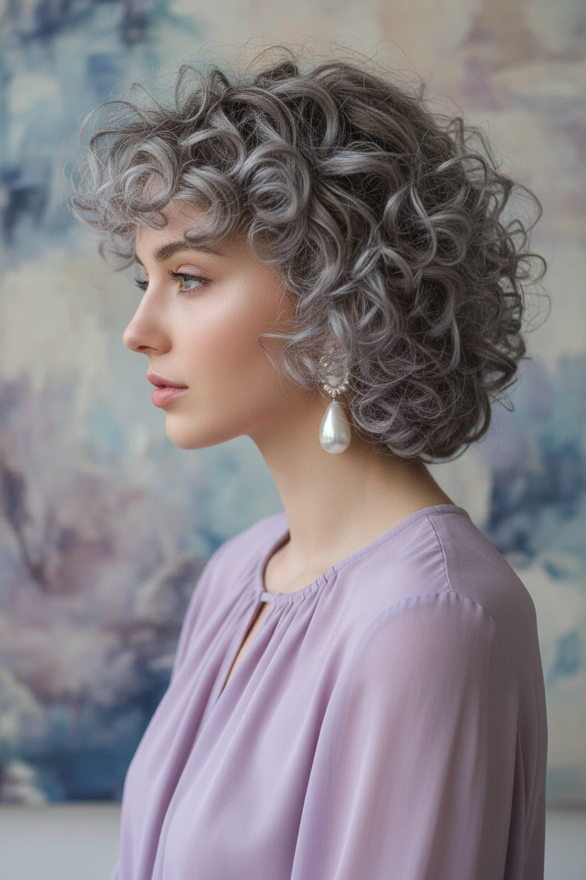 📸 Style 8: The Ash-Bronde Whisper Side profile close-up of a model wearing statement pearl earrings and a lavender chiffon blouse, her cool ash-bronde curly halo perfectly framing her cheekbones, set against an abstract canvas background.