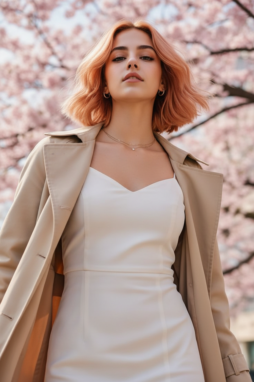 动能,随行而动 低角度街拍,一位女士自信地行走。她穿着一件轻便、未系扣的米色风衣。她的头发是时髦的杏子釉短波波头,随着她的步伐明显地弹动。背景是模糊的樱花。