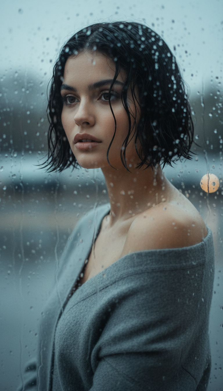 “玻璃发”湿发造型 透过雨渍斑斑的窗户拍摄的阴郁、电影般的镜头。里面的女士穿着一件柔软的灰色羊绒开衫,滑落在一侧肩膀上。她乌黑的空气波波头被塑造成略带湿润的外观,精致地卷曲在她的颧骨周围。