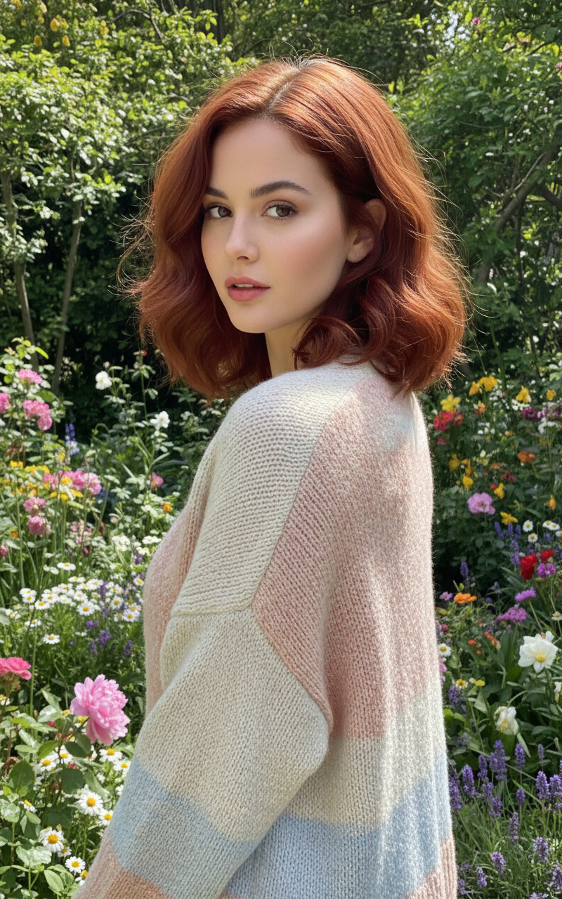 📷 Image 4: The Copper Dream Over-the-shoulder shot, woman in a pastel knit cardigan, vibrant copper Cloud Cut, blooming spring garden background.