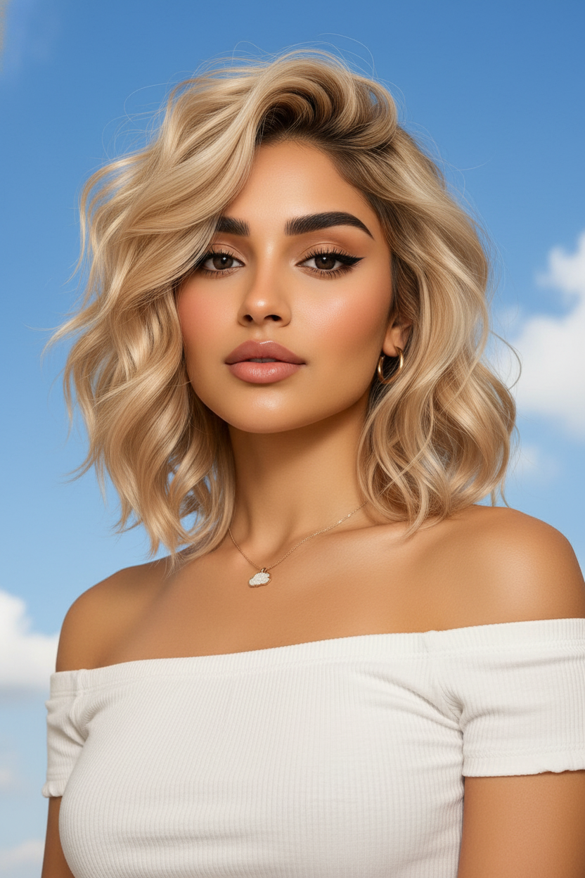 📷 Image 5: The Fine Hair Savior Low angle portrait, model in a white cotton off-shoulder top, champagne blonde fluffy lob, clear blue sky background.