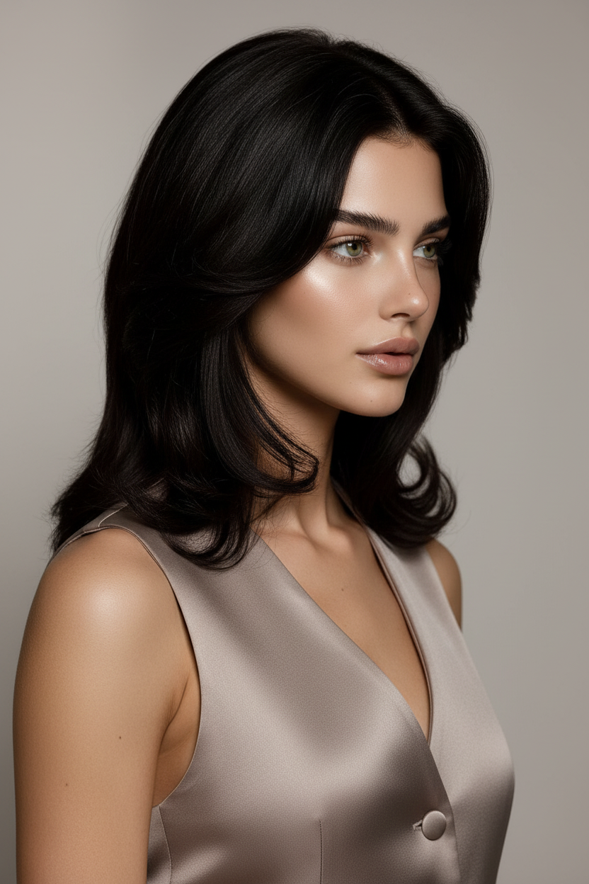 📷 Image 6: The "Quiet Luxury" Gloss Three-quarters profile view of a woman wearing a custom-made silk vest, with long, glossy black hair at her collarbone.