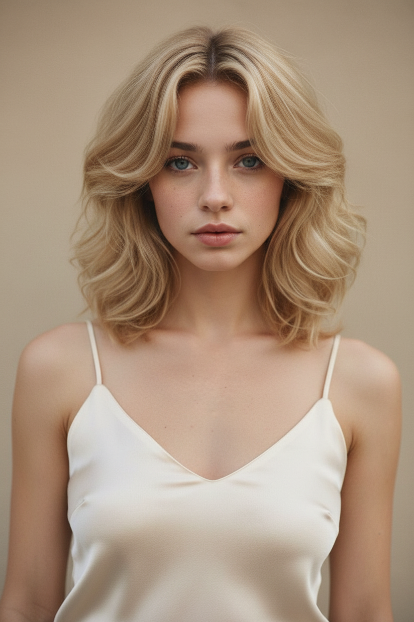 📷 Image 8: The Blowout Effect Close-up from slightly above, woman in a satin camisole, voluminous vanilla blonde collarbone layers, neutral beige backdrop.