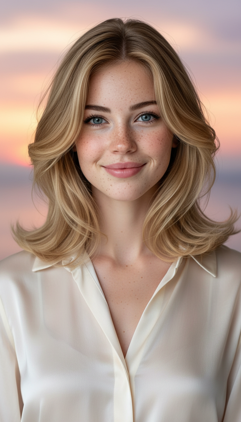 📷 Image 10: Your 2026 Signature Look Front-facing close up, woman in a translucent pearl-colored silk top, dimensional highlighted Cloud Cut, soft glowing sunset background.